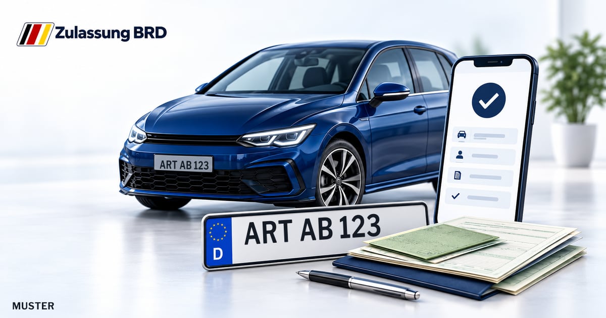 Online Fahrzeugzulassung in Artern: Musterkennzeichen ART AB 123, Auto und Fahrzeugpapiere und Smartphone. Illustration mit Logo von Zulassung BRD.